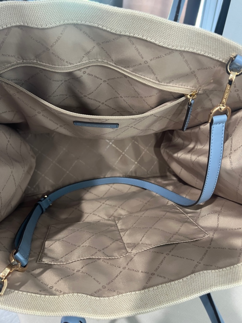 Michael Kors Beige Canvas Tote with Blue Trim and Logo - Picture 6 of 8